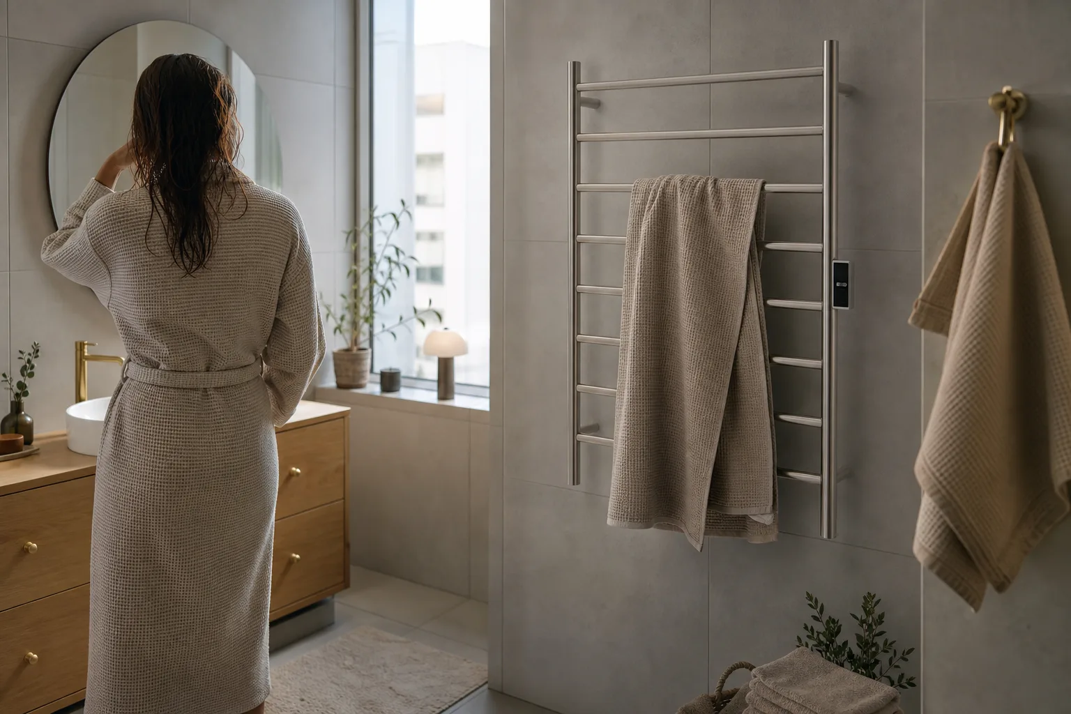Fuktig handduk på tidsstyrd handdukstork efter duschen