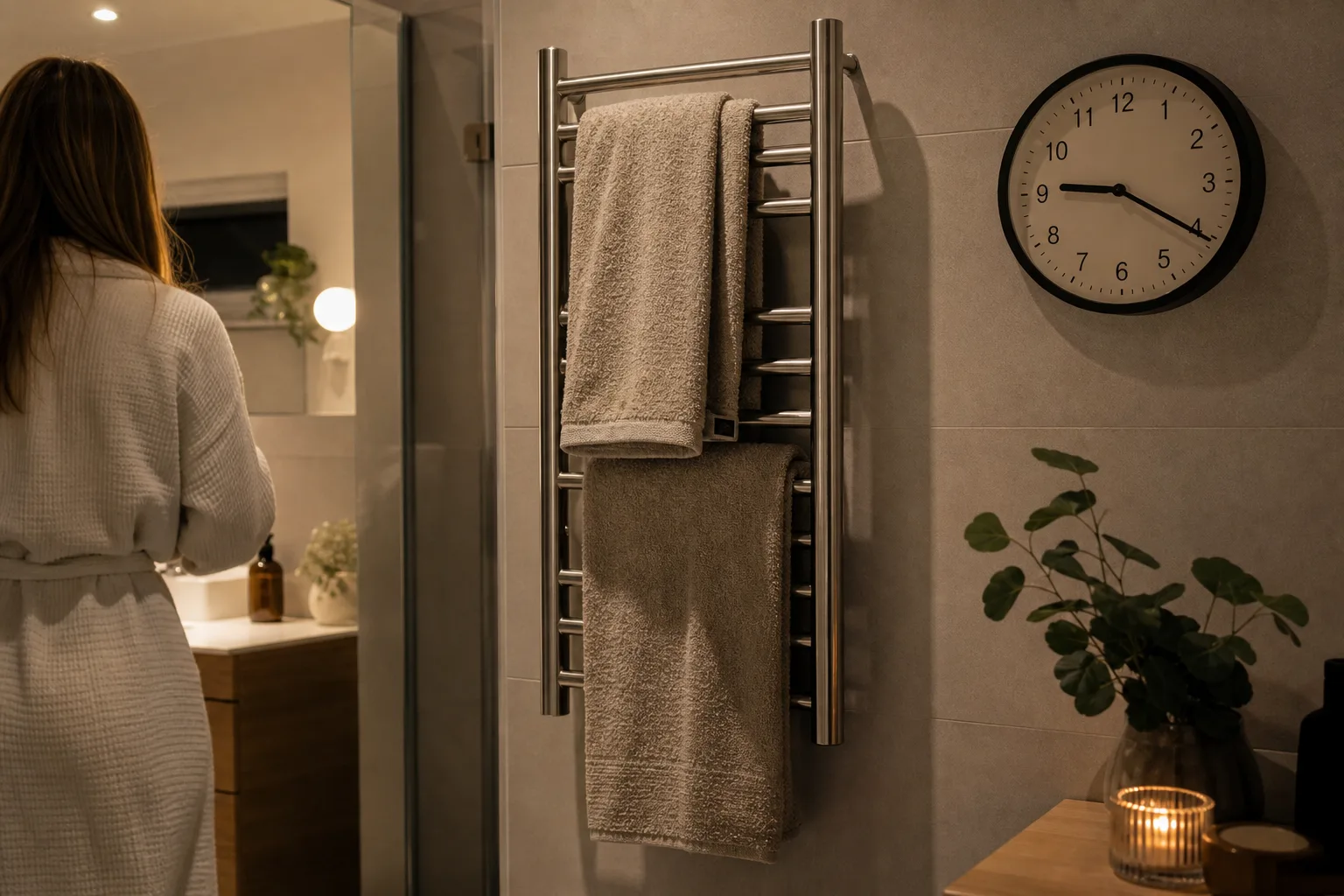 Elektrisk handdukstork i badrum där drifttiden räknas per dygn